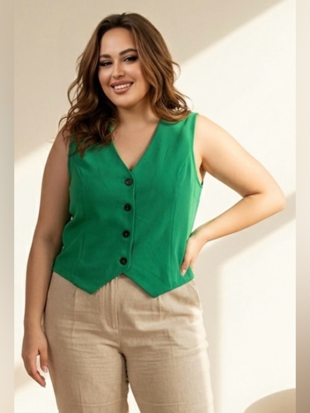 MELLODAY Boyfriend Green Sleeveless Button-Down Stretch Vest